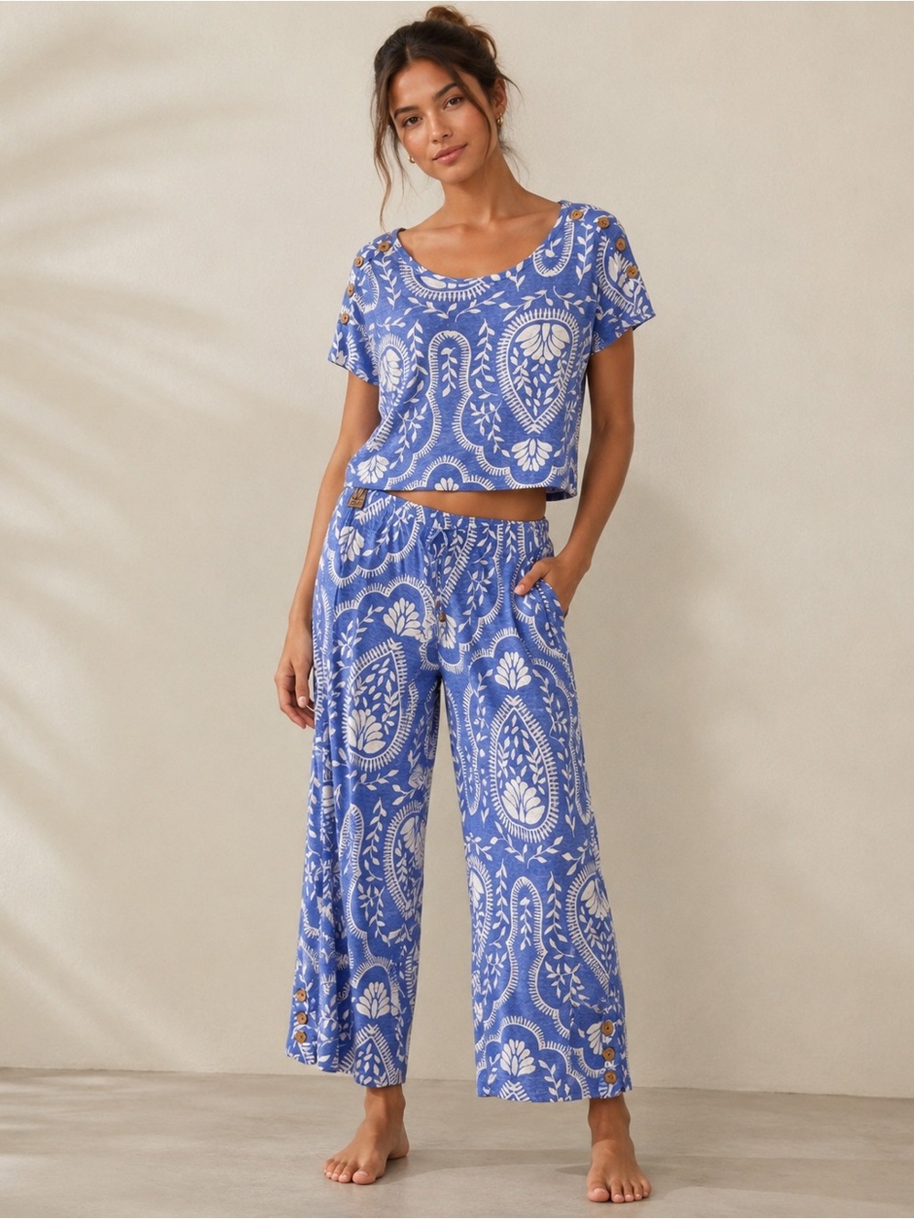 Joie linen two piece set blue white paisley size XL